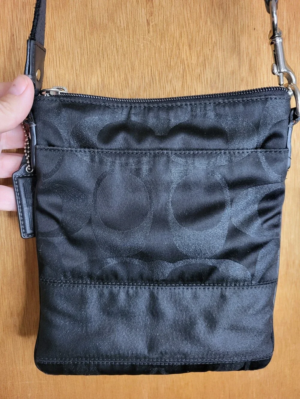 Coach Black Signature Stripe Studded Shimmer File Crossbody Bag